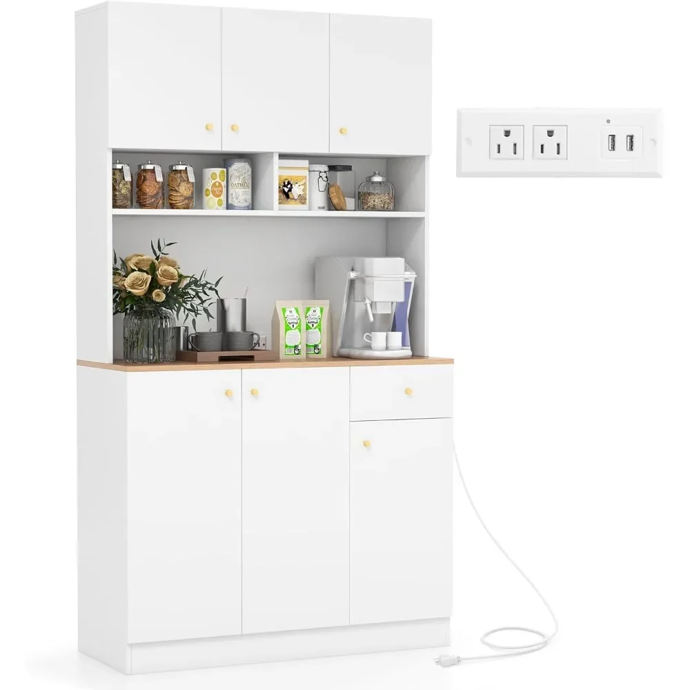 

71” Tall Freestanding Buffet Cupboard with Outlets & USB Ports, Modern Pantry Cabinet with Microwave Stand for Dining Room