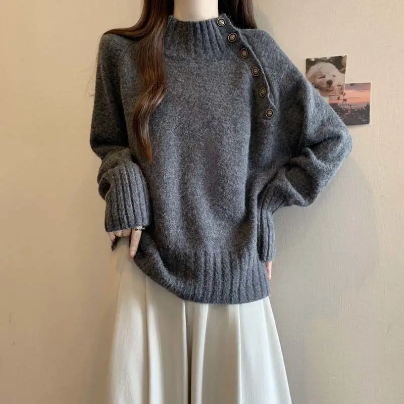 

Women Casual Loose Joker Half High Collar Sweater Pullover Lady Gray Knitted Long Sleeve Tops Autumn Winter Daily Joker Knitwear