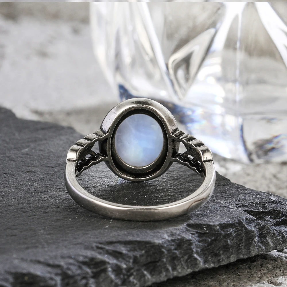 925 Sterling Silver Ring 8x10MM Oval Natural Moonstone Vintage Rings High Quality Fashion Women\'s Fine Jewelry