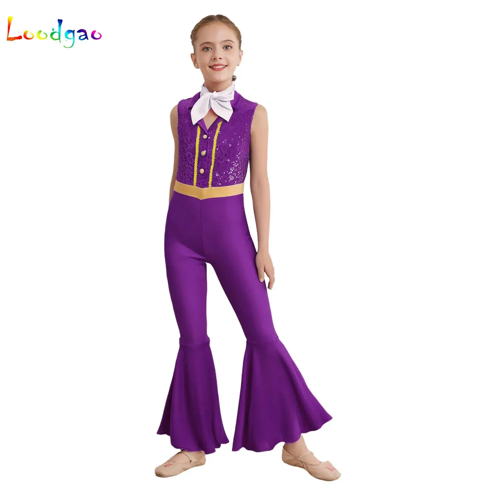 

Kids Girls Bell-Bottom Bodysuit 60s 70s Retro Hippie Leotard Jumpsuit with Scarf Sleeveless Disco Modern Ballet Jazz Dance Wear