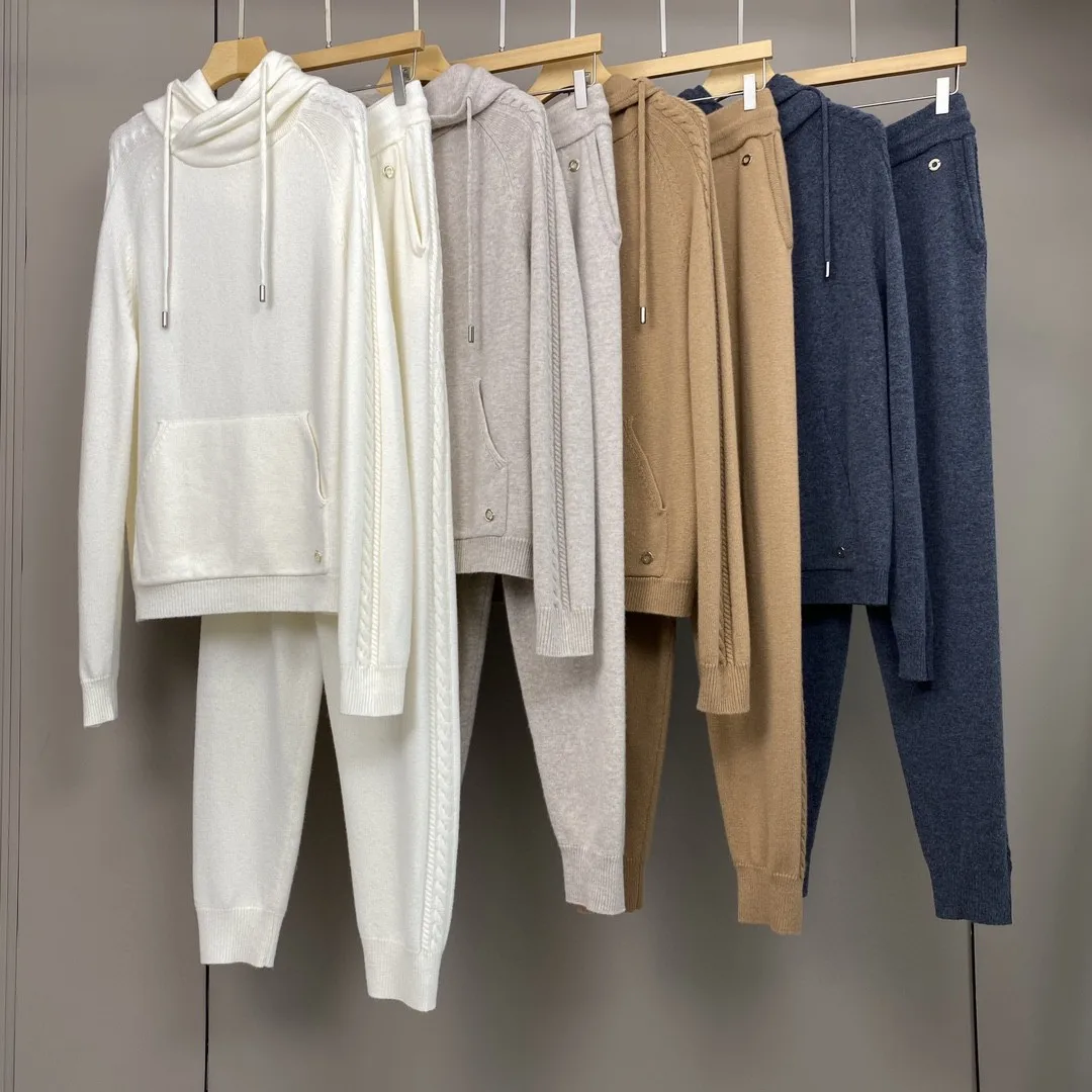 Women Pure Cashmere Knitted Set Autumn Winter Long Sleeve Hooded Sweater or Elastic Waist Stright Trousers