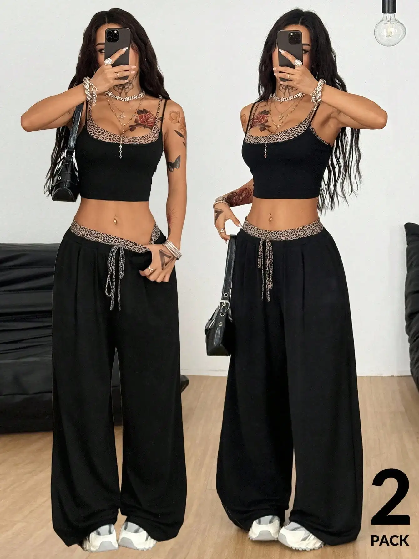 

Women's Summer Casual Leopard Trim Crop Top And Wide Leg Pants 2 Piece Set