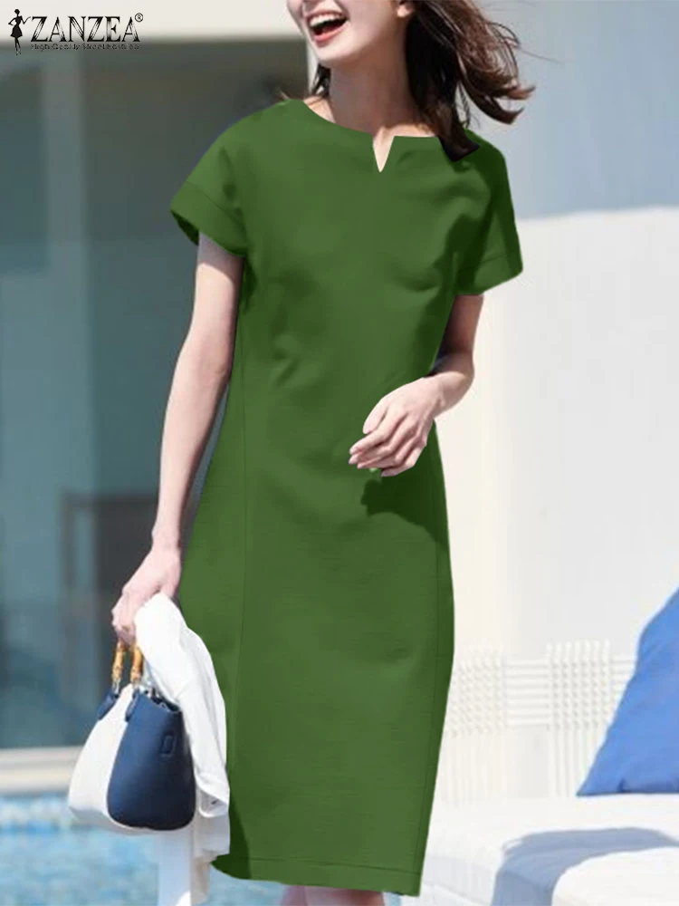 Moda letnia sukienka z krótkim rękawem solidna sukienka ZANZEA sukienki damskie 2025 moda praca do kolan szata Casual Holiday Vestido Kaftan