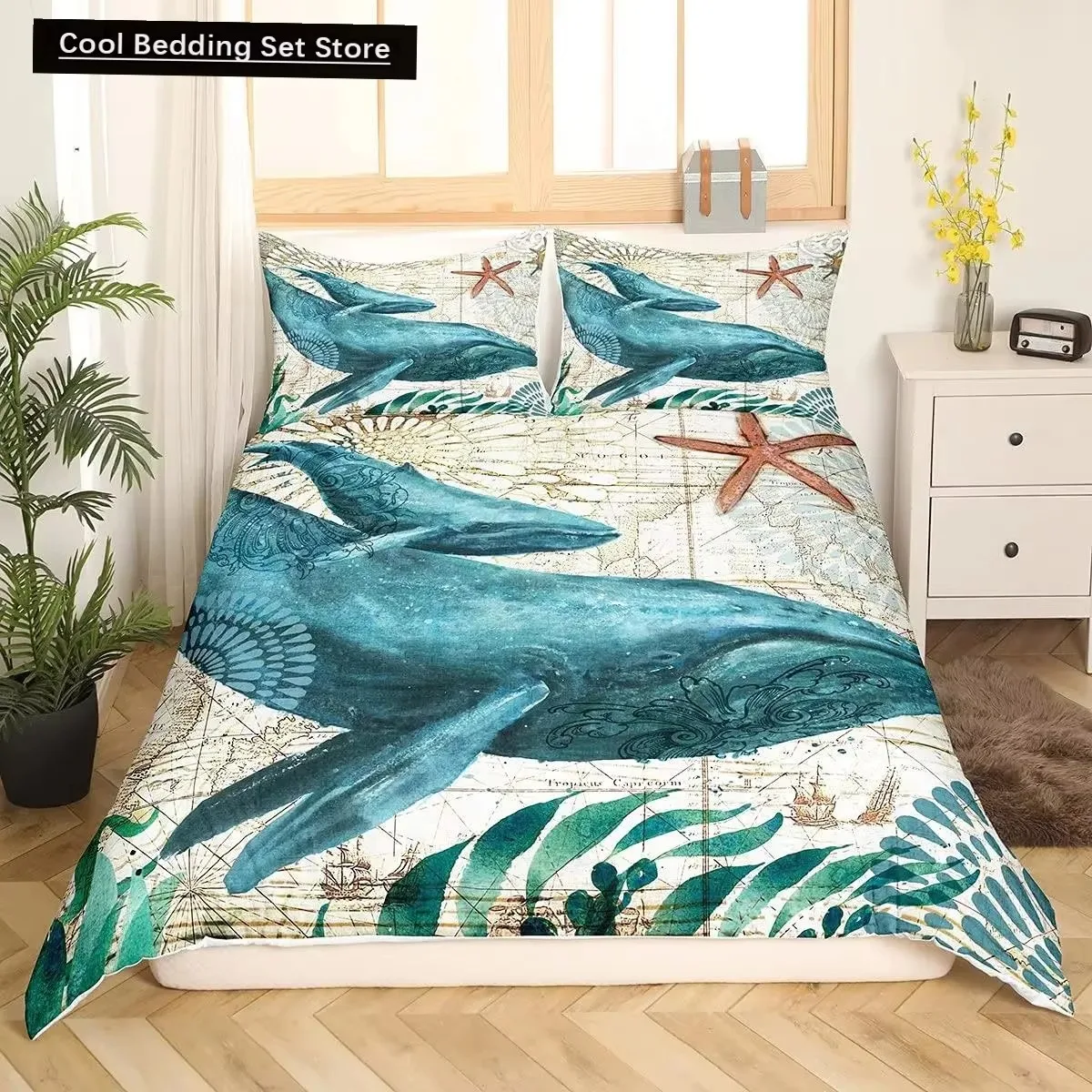 Teal Comforter Cover King Queen Ocean Spanish Mackerel Duvet Cover Nautical Underwater World Marine Life Polyester Bedding Set