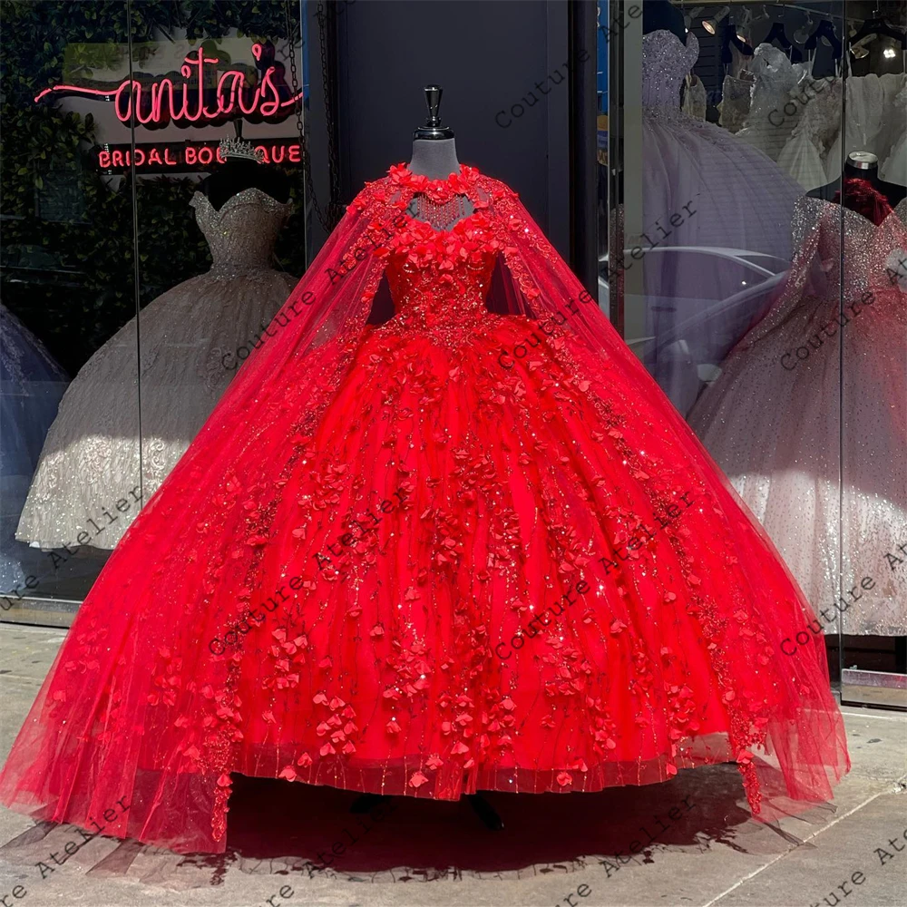 Красные блестящие платья для Quinceanera с накидкой и кисточками, милые 16 платьев, бальное платье, 3D Цветы, тюлевые платья на день рождения, vestidos de 15