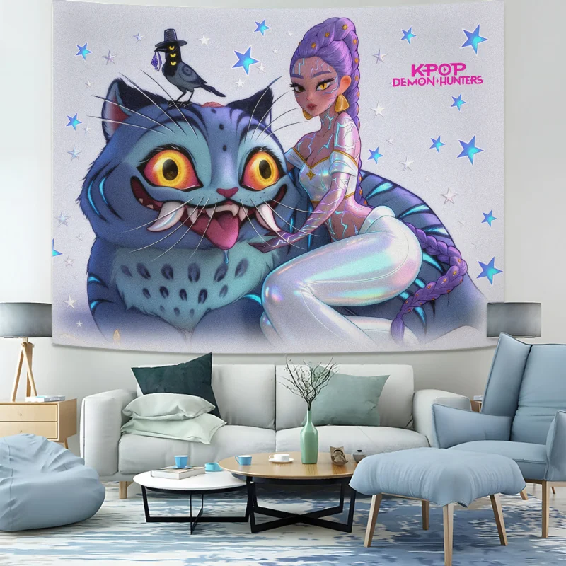 Hasbro Kpop Tapestry Banner Anime Girl & Giant Cat Wall Hanging Party Backdrop Photo Booth Background Aesthetic Teens Room Decor