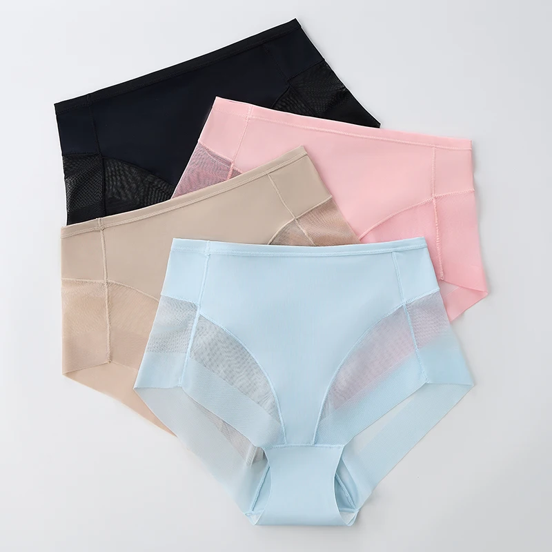 Ultra-thin Ice Silk Briefs Women Seamless Underwear Breathable Lady Mid Waist Underpants High Stretch Soild 4 Color Mesh Panties