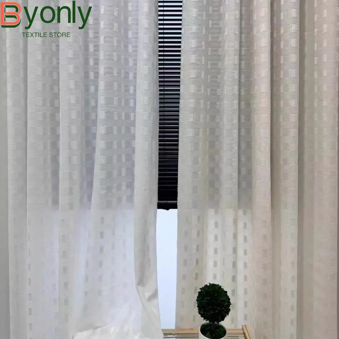 Checkered Cream Checkerboard Jacquard White Window Screen Living Room Bedroom Balcony Bay Window Customized Finished Product