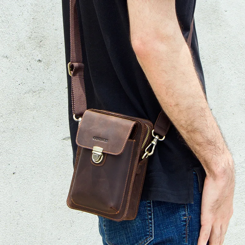 HTS-MB100 Cowhide Men's One Shoulder Diagonal Cross Bag, Retro Crazy Horse Leather Mobile Waist Bag