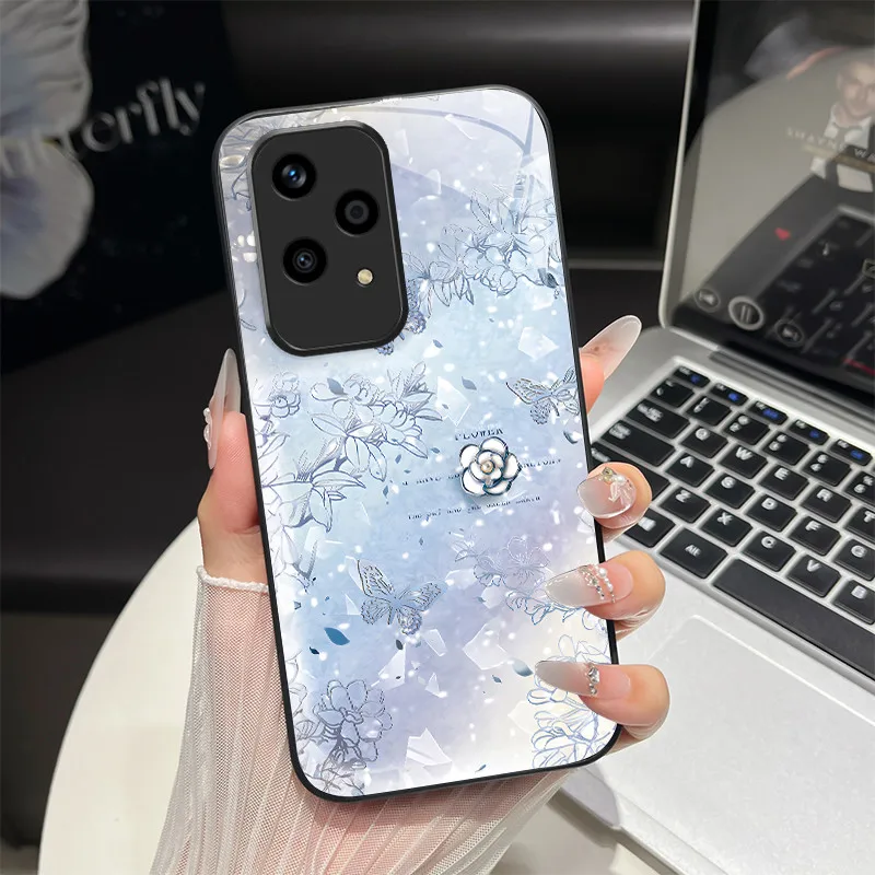 강화유리 하드 폰 케이스 Honor 200 400 Lite 70 90 Pro X50i 고급 나비 꽃 소프트 실리콘 TPU 충격 방지 커버