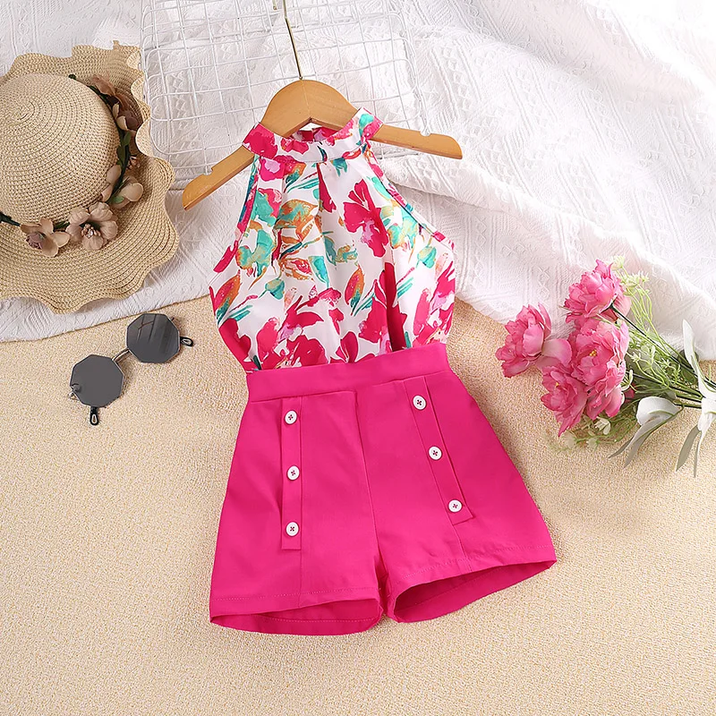 New Girls Summer Suit Hanging Neck Sleeveless Printed Top And Solid Color Button Decorated Shorts Polyester Cool And Cute Casual