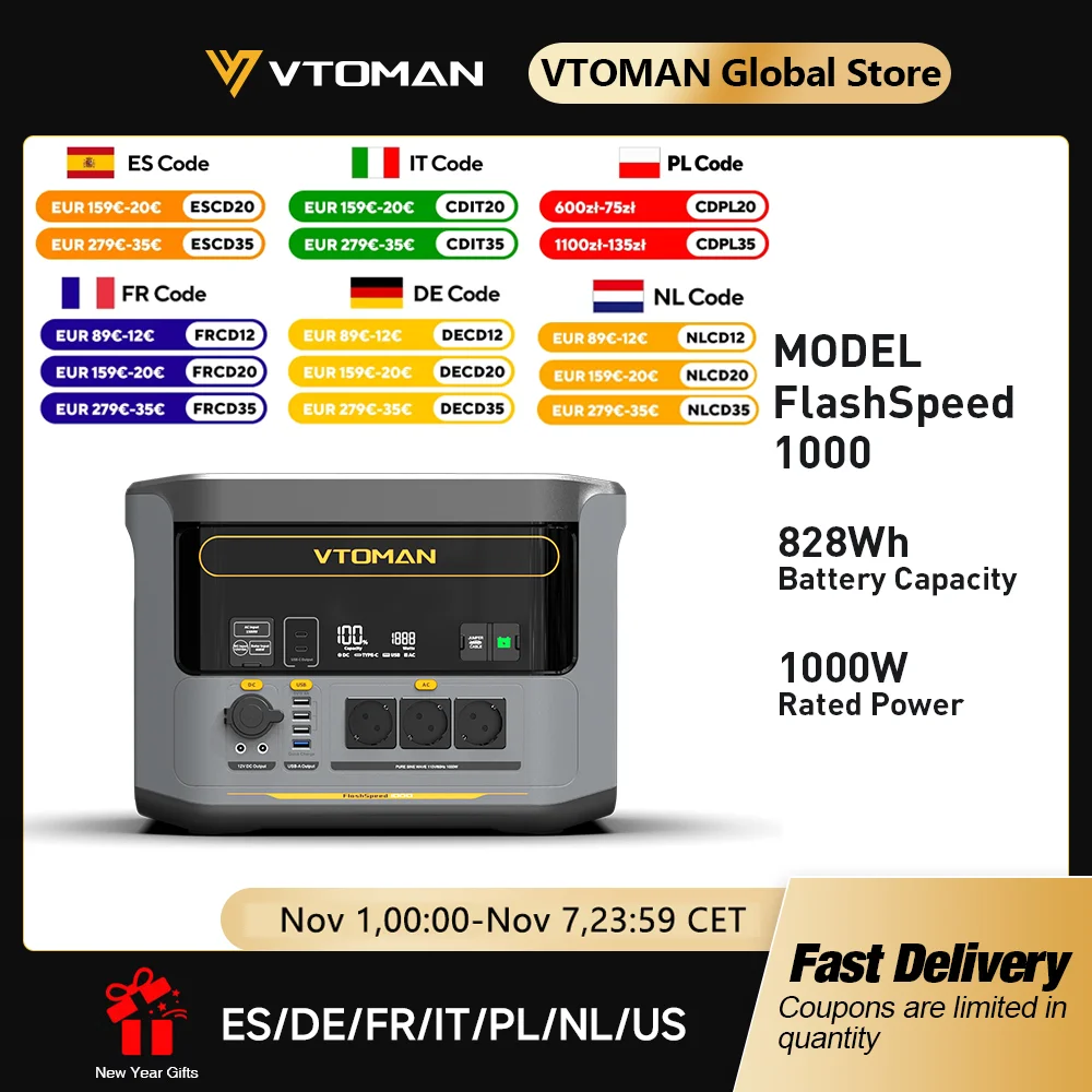 VTOMAN FlashSpeed 1000 Portable Power Station 2000W 828Wh LiFeP04 Battery For Outdoor Camping Tent Travel