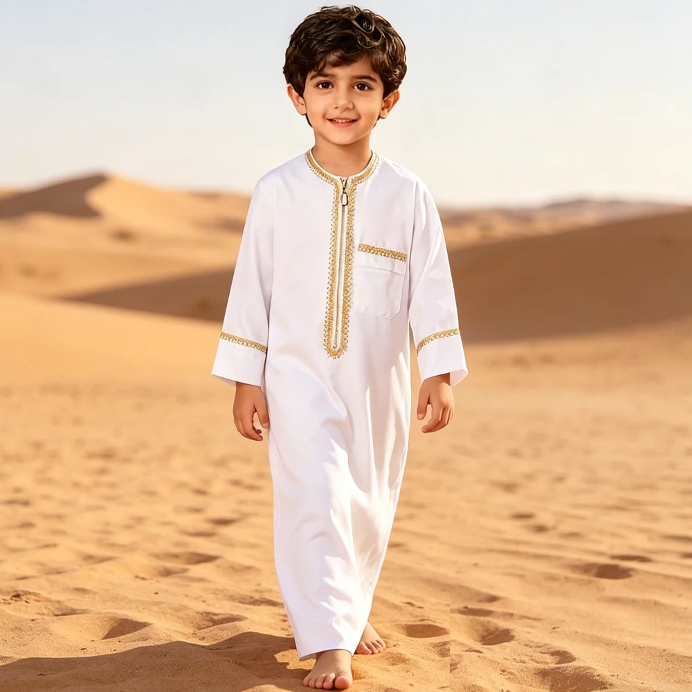 Jubba Blanca de Oriente Medio para Niños, Vestido Musulmán, Túnica Árabe, Kaftan Turco, Abaya, Ropa Tradicional Islámica Infantil