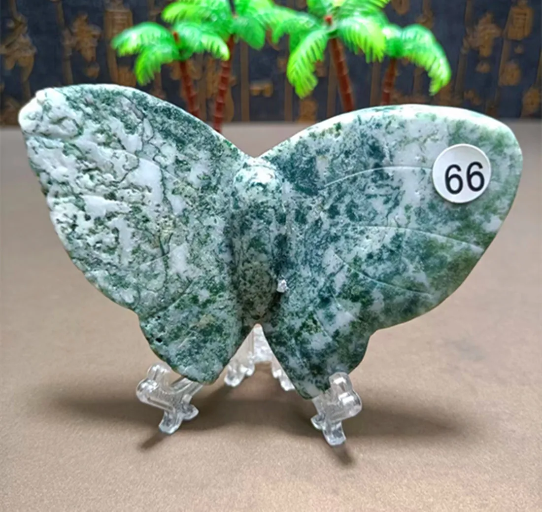 Natural Energy Water Grass Agate Polishing Carving, Different forms of Butterfly, Home Decoration Style + Send Bracket