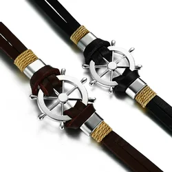 Pulsera Hombre Vintage Brown Alloy Rudder Bracelet Trendy Leather Rope Anchor Ship Rudder Braided Bracelets for Men Fashion