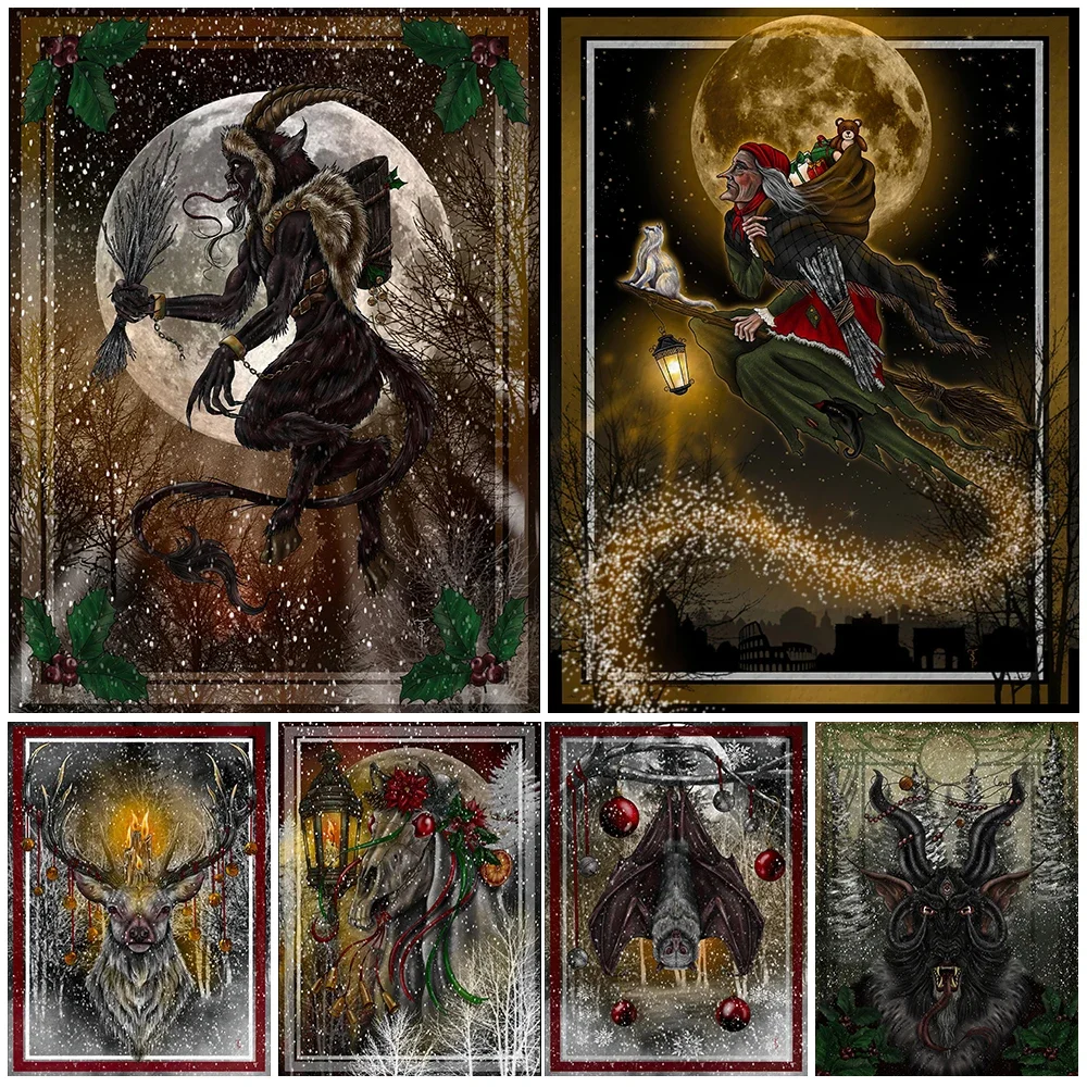 

Christmas Legend Monster Krampus Vintage Wall Art Canvas Painting Christmas Witch And Moose Art Poster And Print Decor Unframed