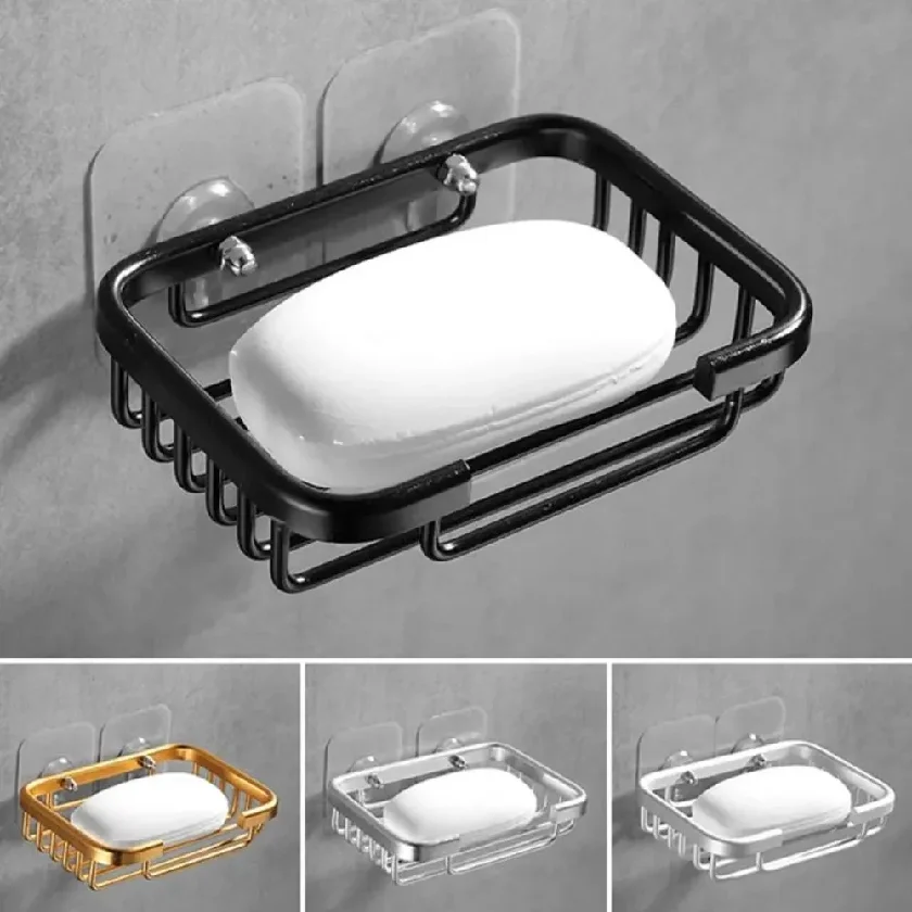 

Drill Free Wall-mounted Soap Holder Sponge Dish Holder No Drilling Aluminum Adhesive Soap Dish Holder Rack Metal Soap Holder