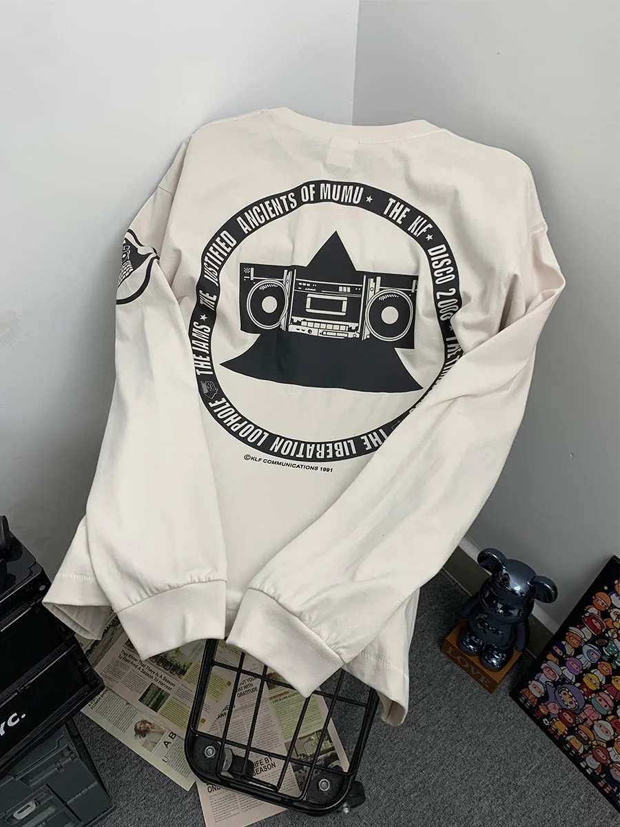 Retro Washed Long Sleeve T-Shirt American Heavyweight Trendy Letters Klf Print Casual Cotton Breathable Unisex Autumn Top