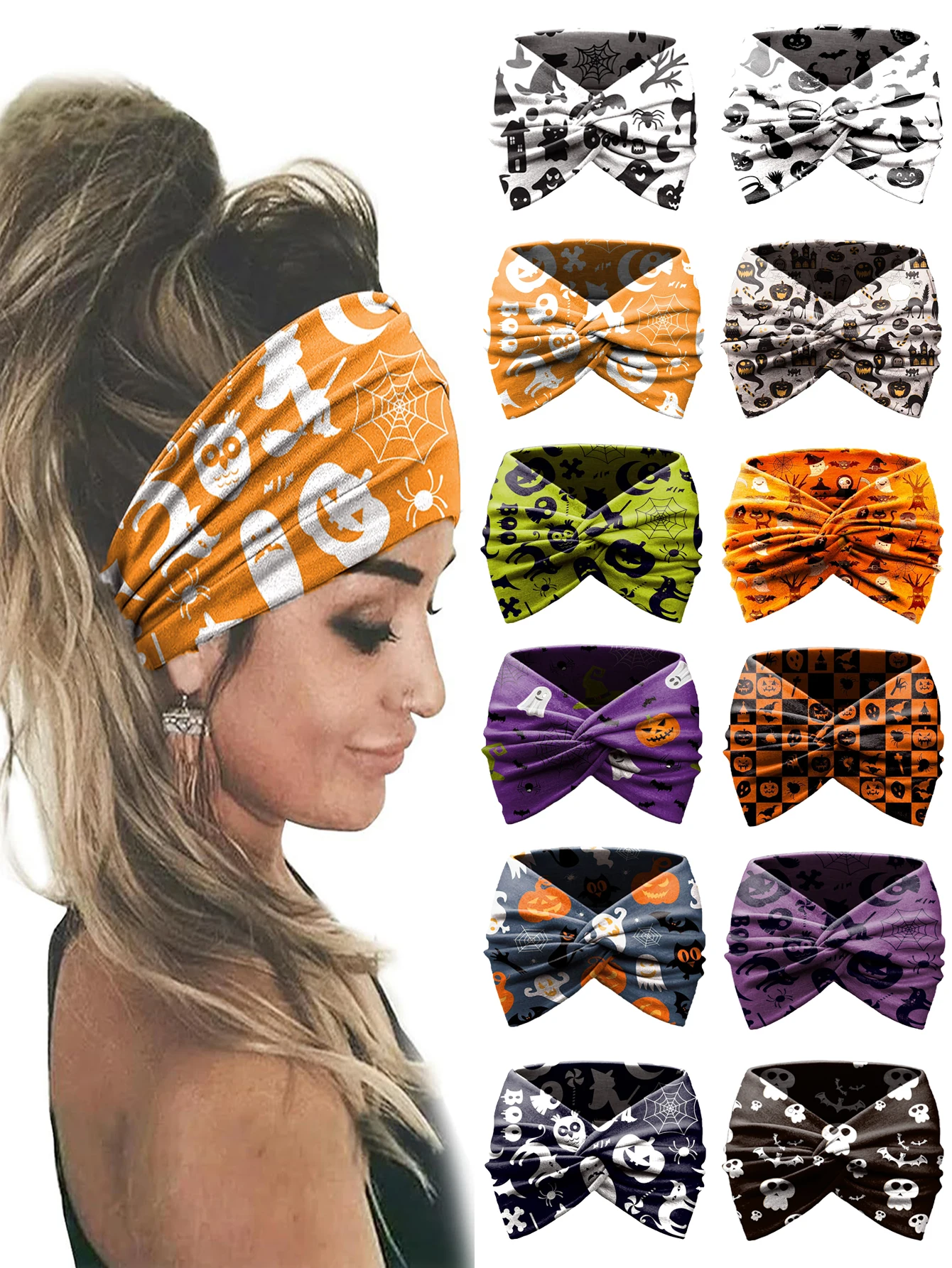 Bohemian Headband Halloween Headband Pumpkin Sports SkullHeadband Women\'s Wide Print Breathable Hair Accessories Headw Party