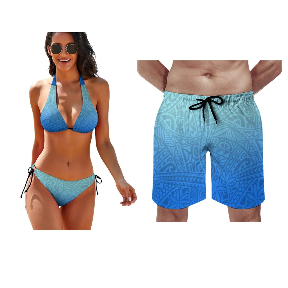 Couples Set Hawaii Vacation Beach Bikini For Women Men's Beach Pants Sport Shorts For Women Sexy Low-Rise Bikini Polynesia