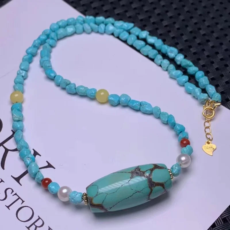 Original Design of Raw Ore Turquoise Diy Shape Barrel Beads Clavicle Chain with Pearl South Red Beeswax Embellishment