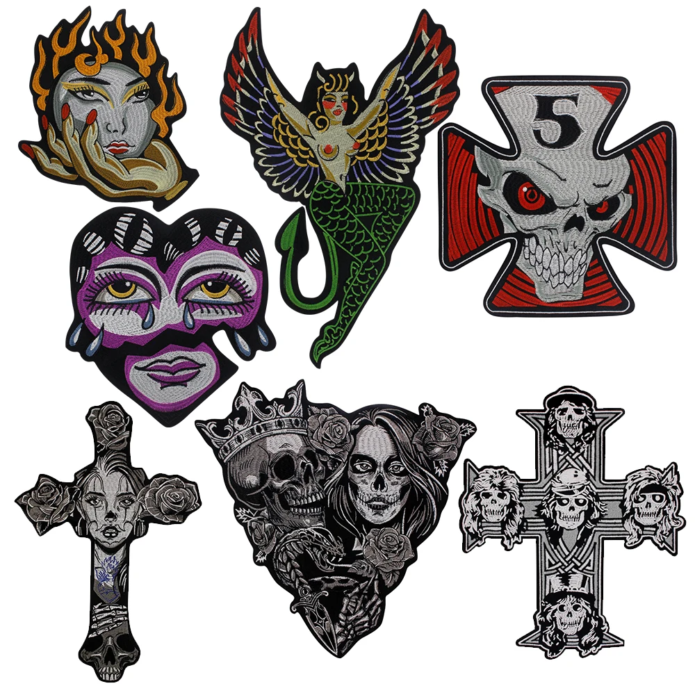 Skull Cross Patch Heart Wings Beauty Girl Sticker Gothic Punk Iron/Sew on Embroidery Motorcycle Clothes Accessories Stripe Badge