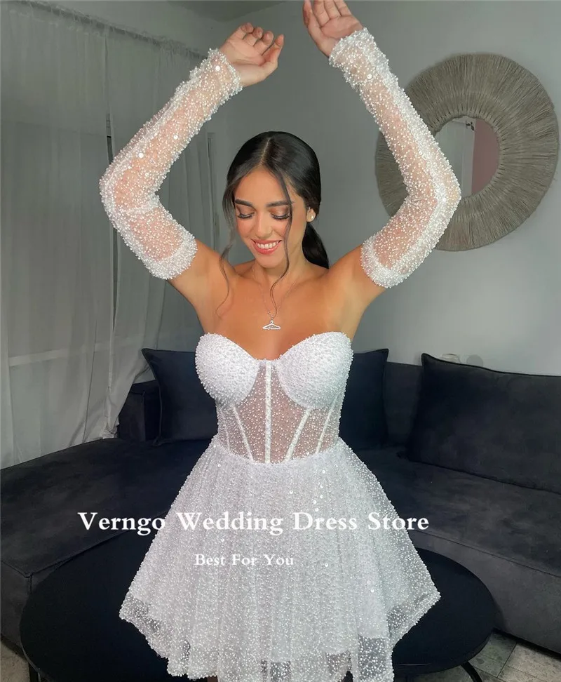 Verngo Glitter Short Wedding Dresses Sweetheart Boning Fitted Arabic Women Bride Gowns Mini Sparkly Shiny Party Prom Dress