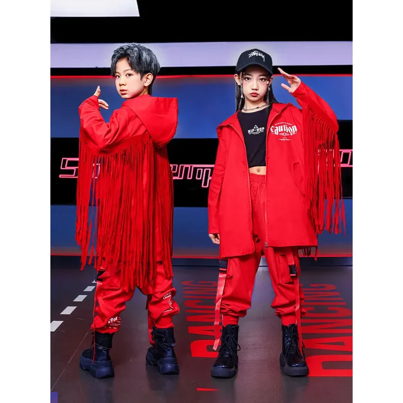 

COSda@Kids Hip Hop Clothing Red Hooded Windbreaker Streetwear Harajuku Jogger Tactical Cargo Pants for Girl Boy Dance Costume Cl