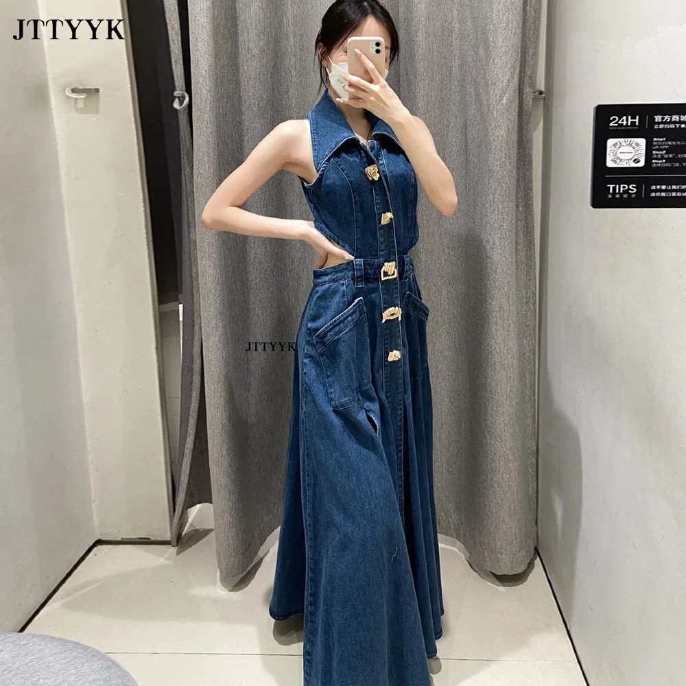 2024 Autumn Summer Ladies Denim Dress Sleeveless Pockets Single Breasted Women Shirt Floor Length Party Beach Sexy Dresses