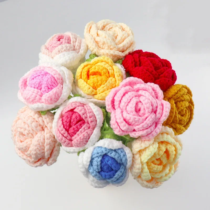 Creative Rose Crochet Flowers Knit  Flower Bouquet Wedding Bouquet Artificial Finished Handwoven Flower Flores Tejidas