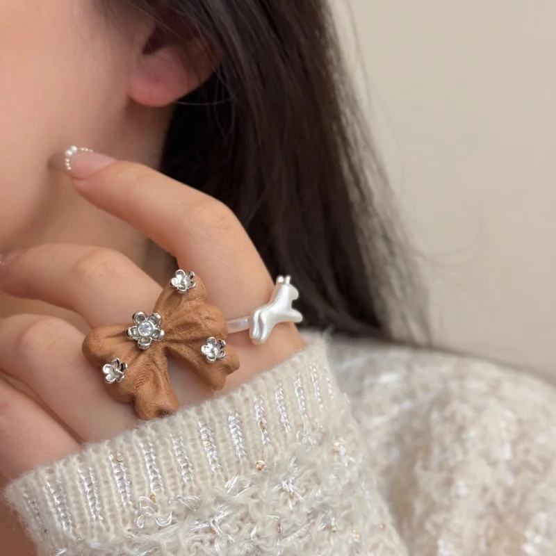 New autumn/winter flocked bow with rhinestones open ring