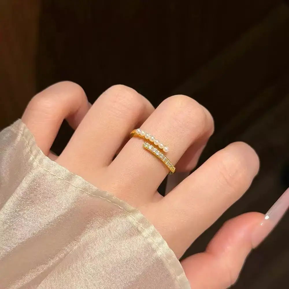 1PCS Classic Micro Water Diamond Ring Gold Elegant Imitation Pearl Women's Adjustable Ring Party Wedding Stackable Ring Jewelry