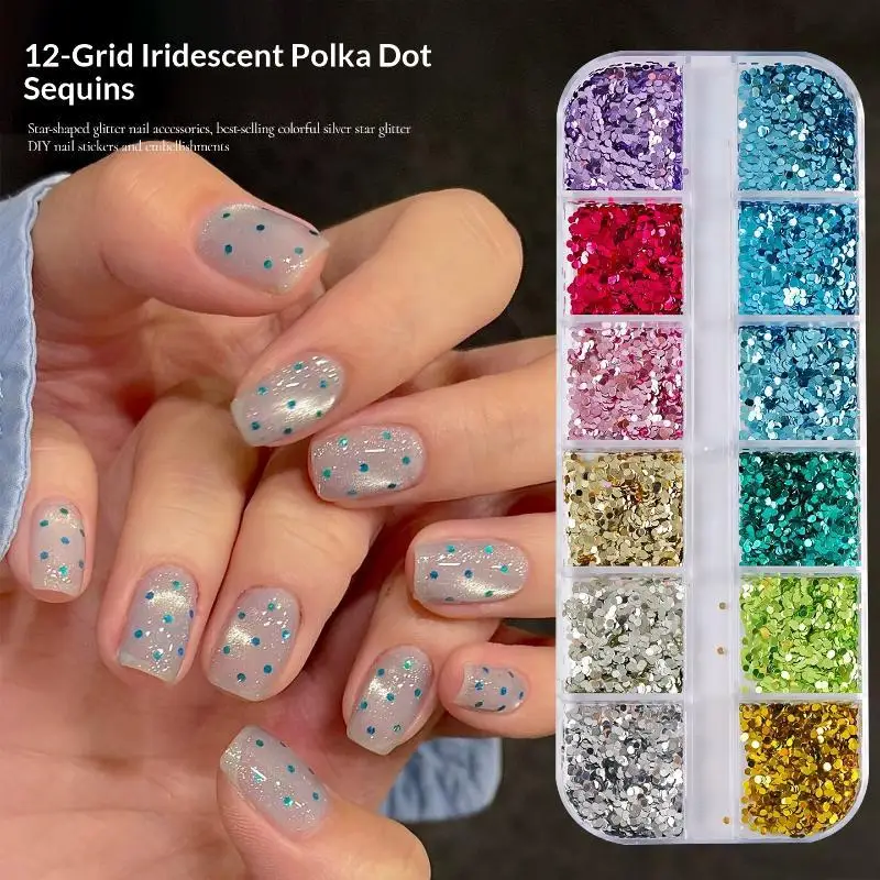 1 Set 12 Colors Round Dot Nail Art Glitter Sequins High Sparkle Easy Application For Home DIY And Professional Salon Nail Use