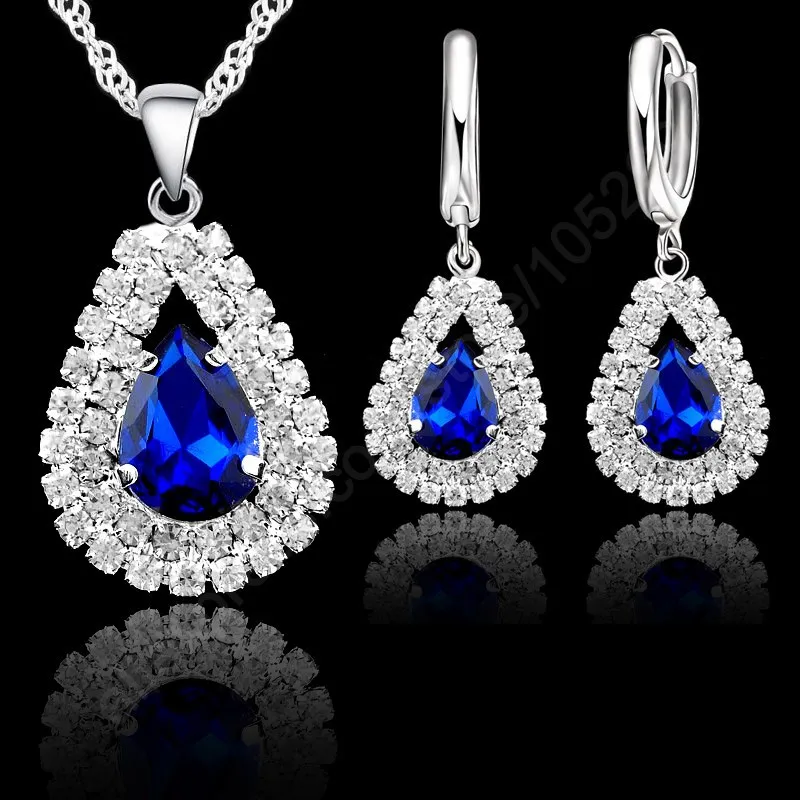 Jewelry Sets Blue Genuine 925 Sterling Silver Austrian Crystal Pendant Necklace 18