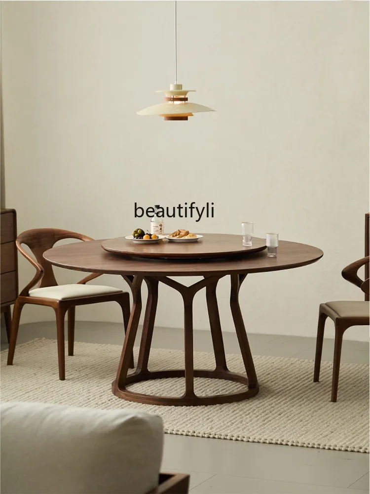 

North American black walnut round dining table all solid wood eating round table household turntable dining table and chairs