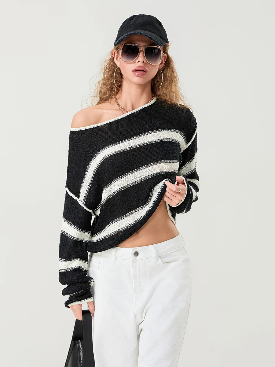 New Fashion Womens Stripe Print Knit Crop Tops Long Sleeve Scoop Neck Loose Knitwear Lightweight Sweater Hot Sale S M L