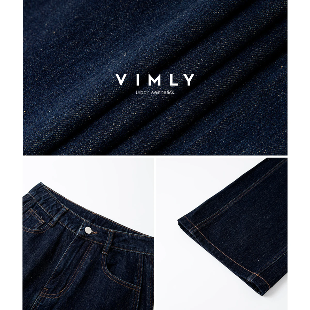 VIMLY الأزرق الداكن الدنيم امرأة السراويل خريف 2025 جديد الملابس خمر جيوب منتصف الخصر فضفاض الإناث السراويل ملابس حريمي 75125