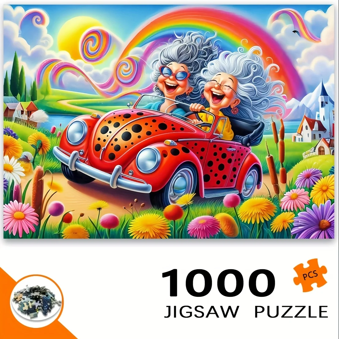 จิ๊กซอว์ 1000 ชิ้น ฉากพี่น้องน้องสาวขับรถ - รถสีแดงสดใสพร้อมผู้สูงอายุและดอกไม้หลากสีสัน แบบไม่มีกรอบ สำหรับคนรักงาน DIY