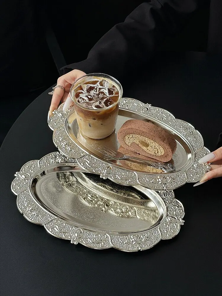 Retro Silver-plated Oval Tray Embossed Floral Decorative Tray Jewelry Storage Tray Wedding Party Dessert Plate Home Decoration