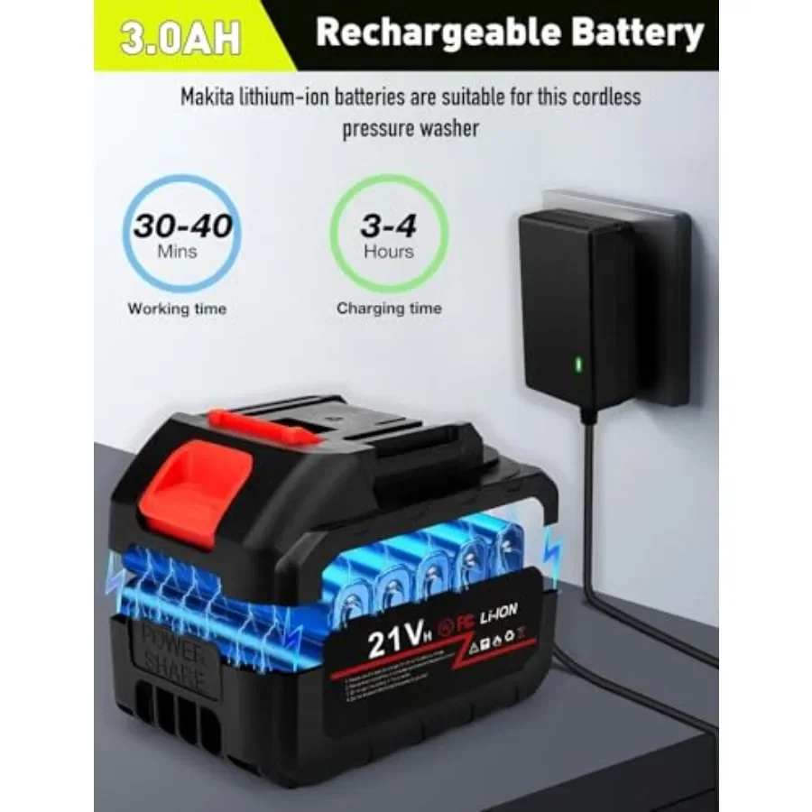 غسالة الضغط اللاسلكية 900PSI تعمل بالبطارية غسالة الطاقة المحمولة مع فوهة 6 في 1 لتنظيف حديقة أسوار أرضية السيارة #5