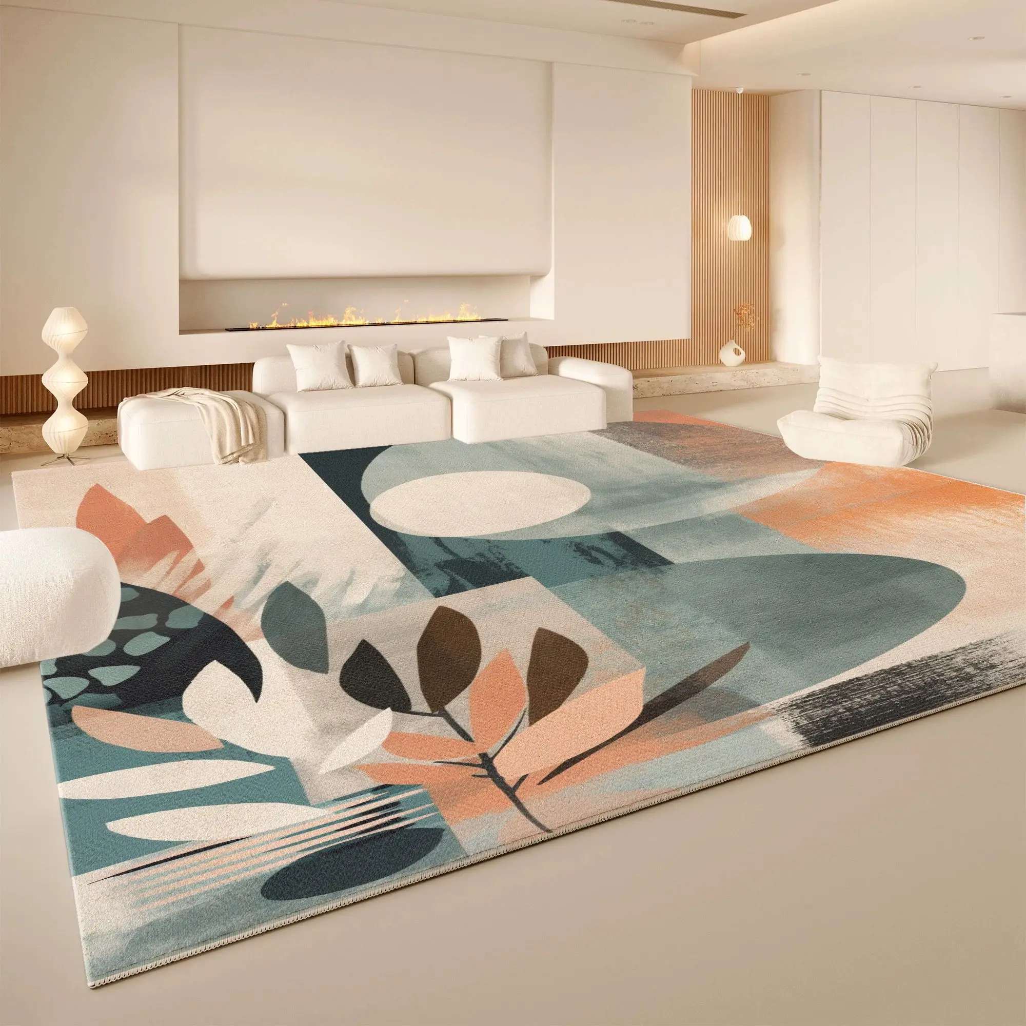 VIKAMA Morandi Botanical Color Block Area Rug Washable Non Slip Living Room Carpet Abstract Leaf Minimalist Home Floor Rug