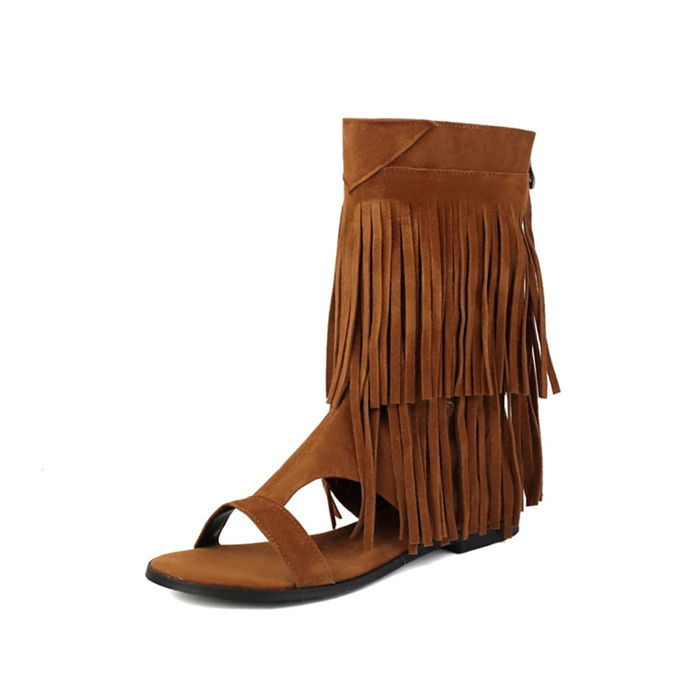 Women's Fringe Gladiator Sandals Back Zipper Open Toe Flat Sandals Brown Black Plus Size 34-50 Bohemian Summer Shoes A05-1
