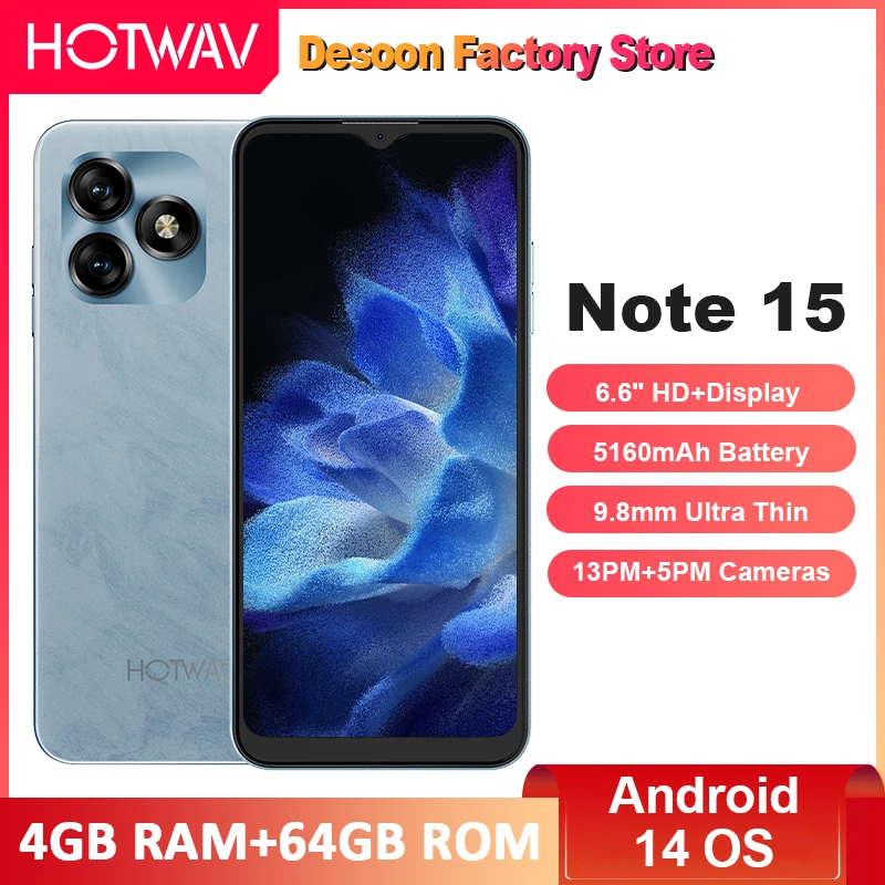 HOTWAV หมายเหตุ 15 Ultradünnes สมาร์ทโฟน 6,6 ''HD + Android 14 OS 8(4 + 4) GB + 64GB Octa-Core โทรศัพท์มือถือ 13MP 5160mAh โทรศัพท์มือถือ