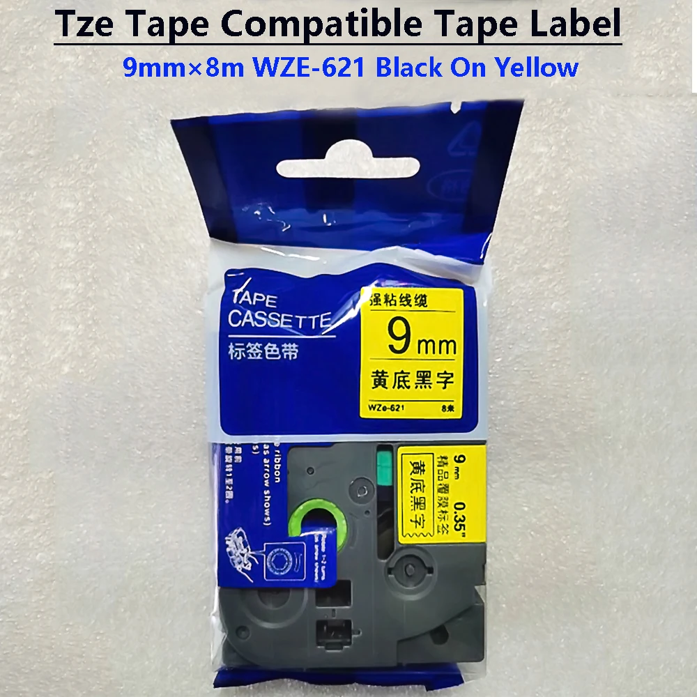 9mm TZe-Satin-Ribbon TZ TZE-621 Label Tape Compatible WZE-621 Black On Yellow Labeling Ribbon For Ptouch Label Maker PTH110PT