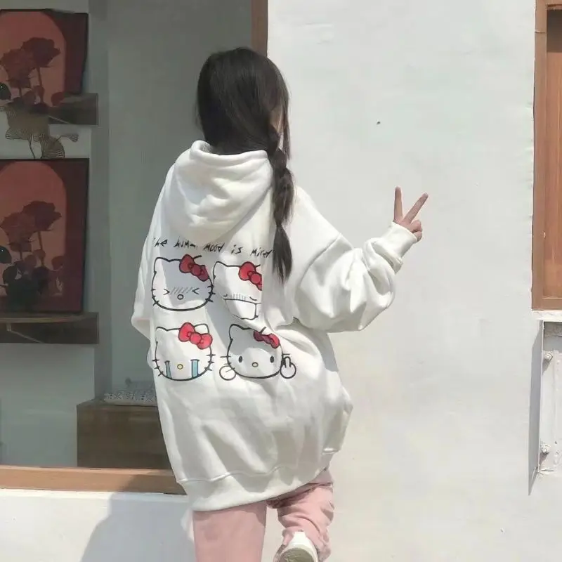 Sanrio Hello Kitty Kawaii Winter Wool Hoodie Cute Anime Cartoon Print Fashion Hooded Sweatshirt Pullover Girl Student Top