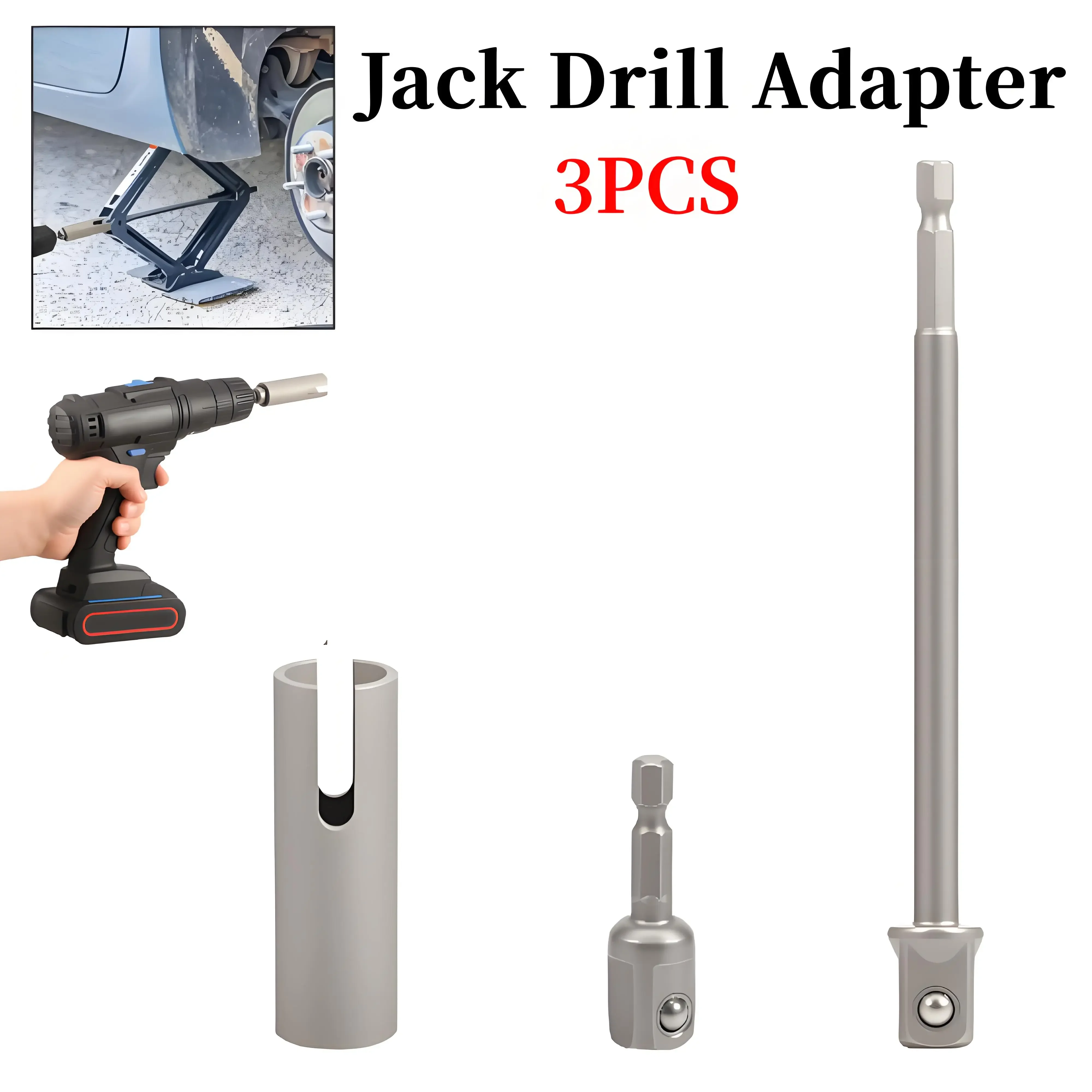 Stainless Steel Scissor Jack Slotted Drill Adapter T-Slot Drill Attachment with 2 Extension Drill Bits For RV Jacks Power Tool