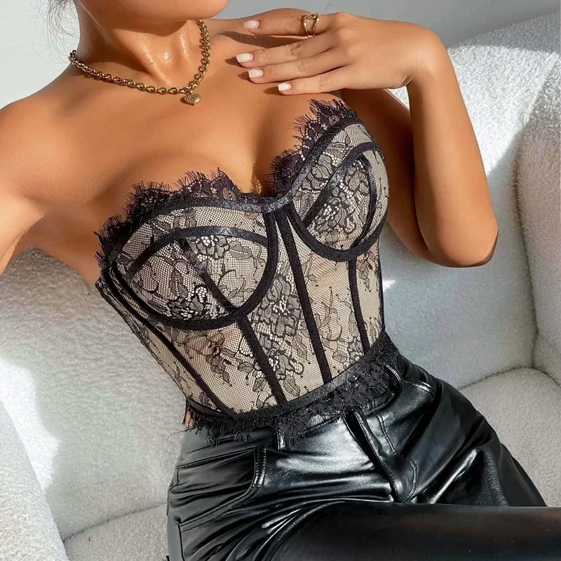 CHUANGERM Sexy Women Corset Black Lace Embroidery Corset Shaper Bra Feather Fashion Female Backless Lingerie Sexy Woman Push Up