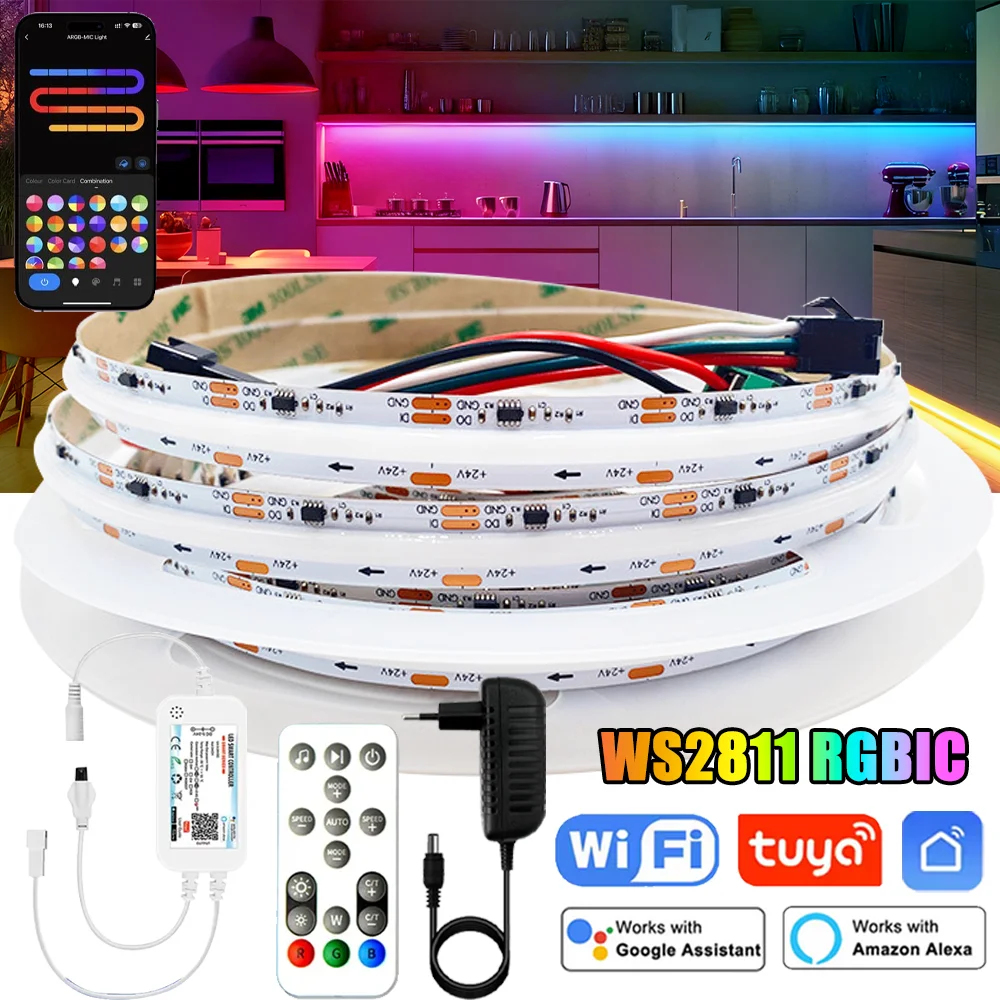 Tuya WiFi RGBIC LED Ribbon Light Kit RGB Addressable COB LED Strip Light Smart SPI 24V WS2811 Pixel LED Strip for TV Room Decor