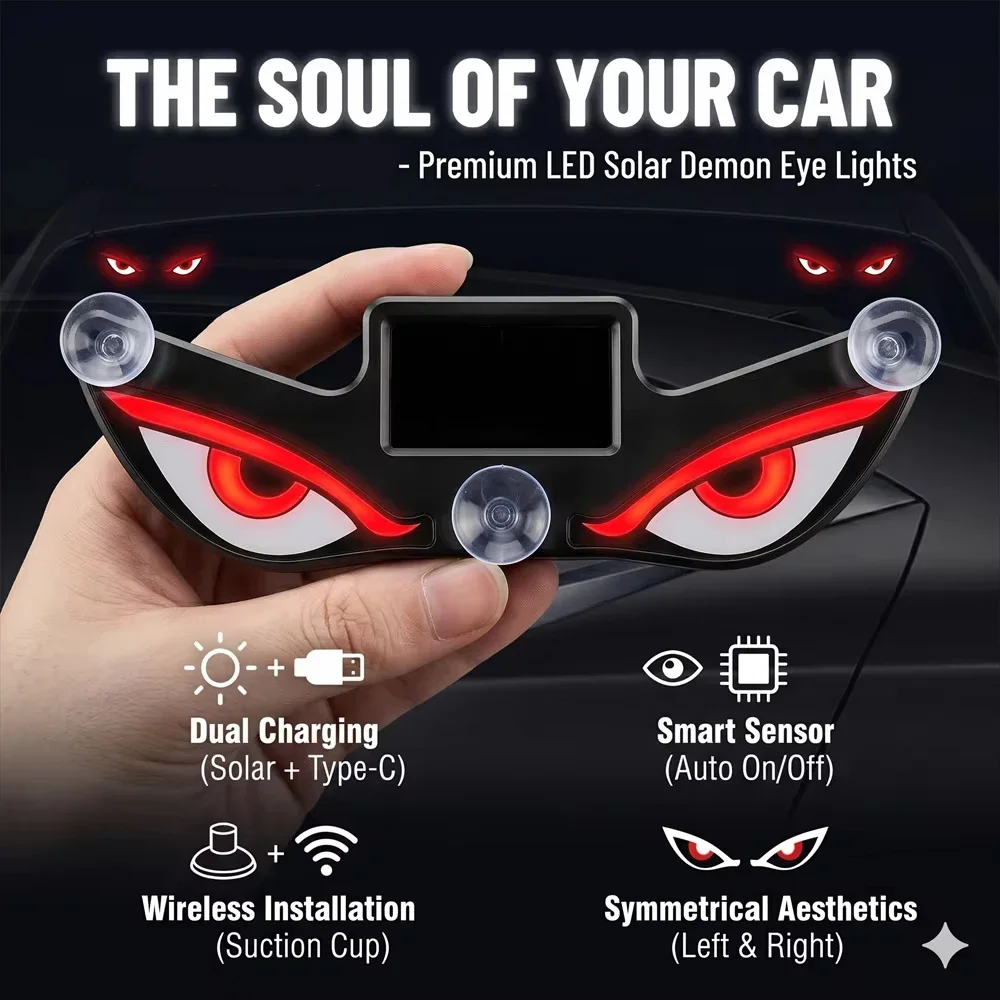 Solar Demon Eye Car Security Warning Light Vibration Light Sensor Auto On Off Suction Cup Anti-Theft LED Interior Decor Lamp