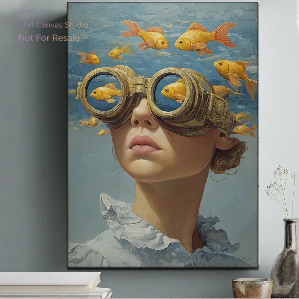1pc Large-Eye View Underwater Painting - Woman with Goldfish Goggles, Turquoise & Golden Ocean Art in Frame - Vintage Maritim